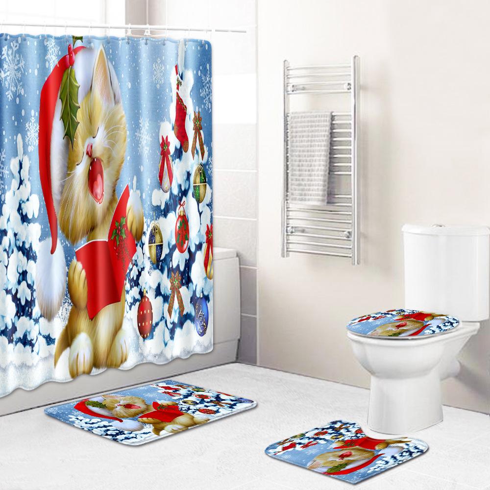 Christmas Waterproof Shower Curtain Four-Piece Combination Floor Mat Entrance Door Mat Bedroom Living Room Carpet