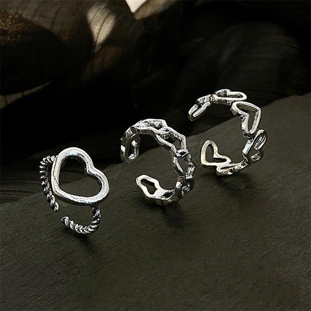 Kpop Silver Color Rings Set Y2K Crystal Heart Rings for Women Hollow Trendy Fashion Jewerly Rings Accessories