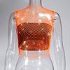 Women's Fishnet Rhinestone Crop Top Summer Sexy Mesh High Elastic Black White Shirt Net See Through Rave Diamond Tank Top