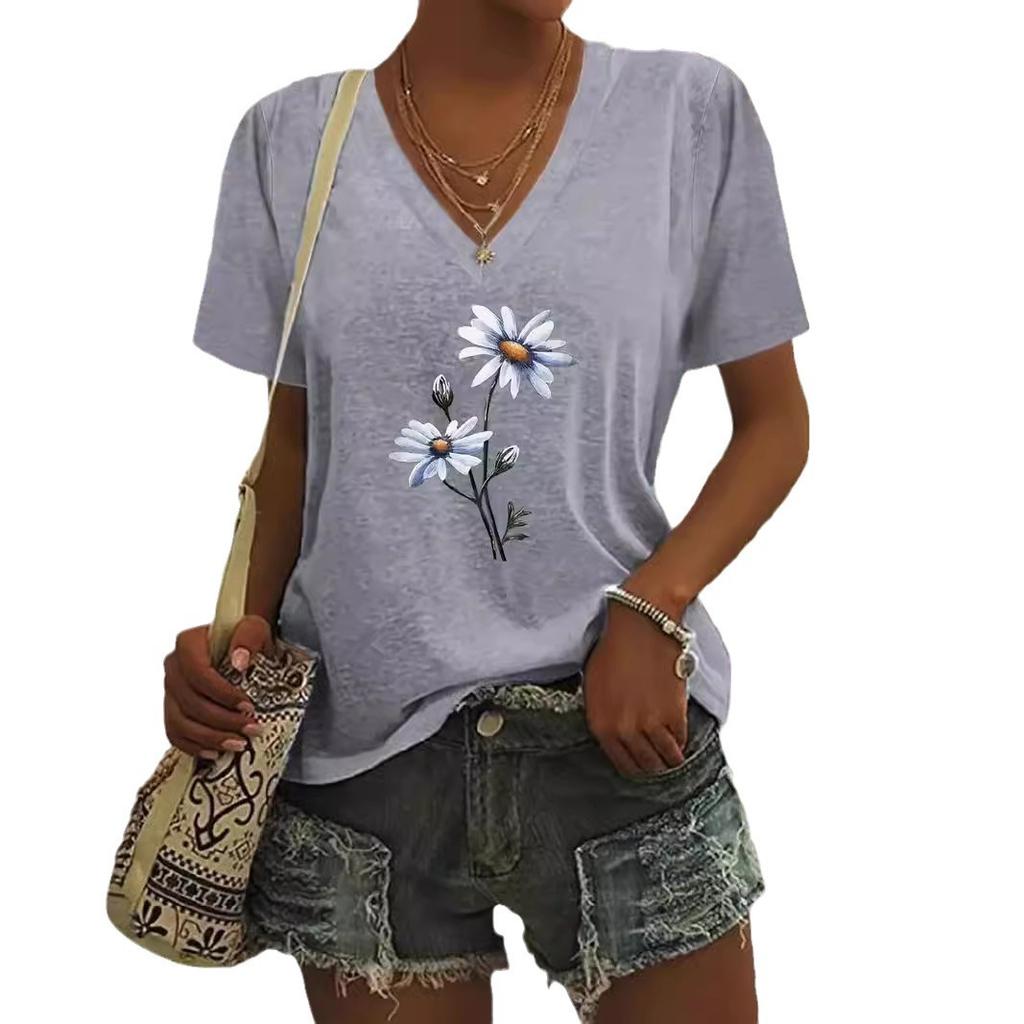 Summer V-neck 3D Flower Pattern Printed Top Fashionable Casual Short Sleeved Women's T-shirts