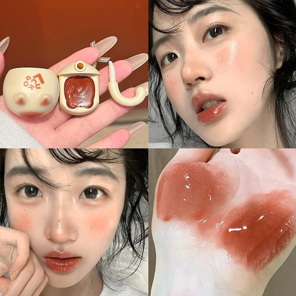 Creative Cute Cat Shaped Mirror Glass Lip Glaze, Lightweight Non-Stick Clear Transparent Lip Mud with Lip Brush