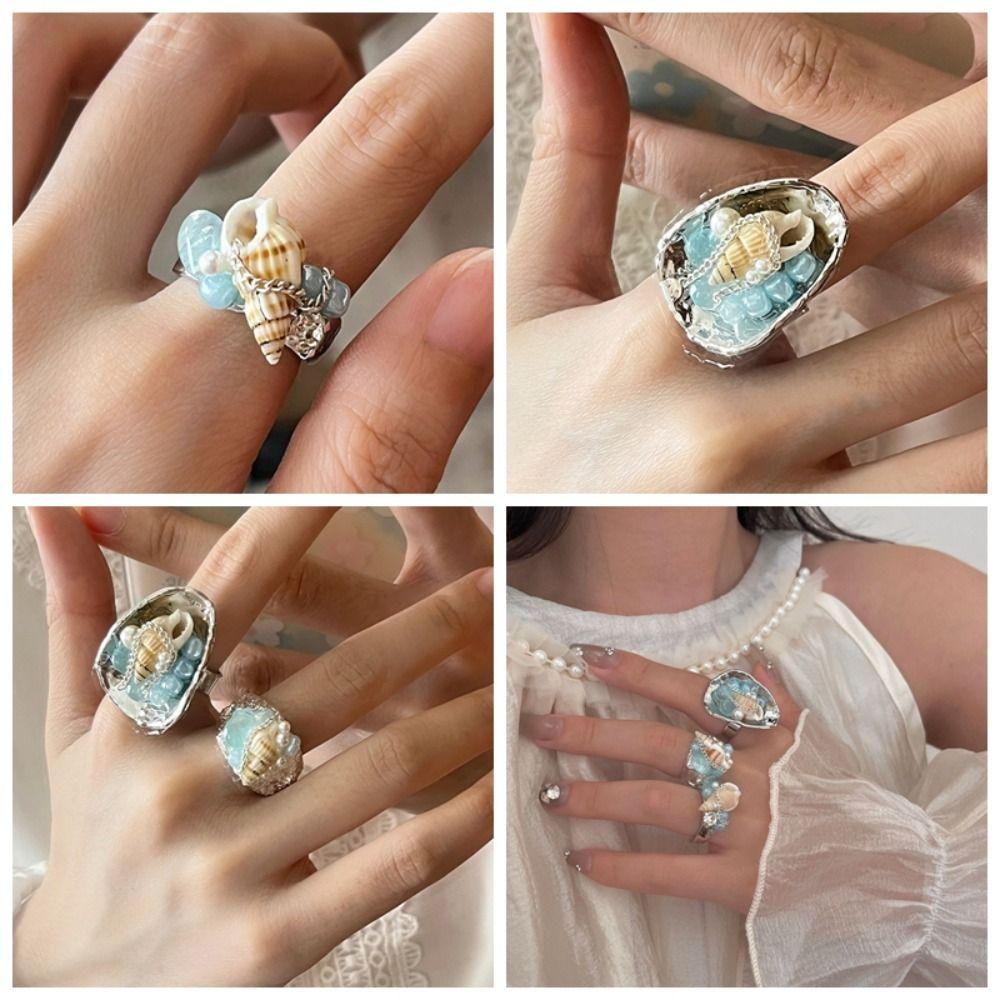 Преувеличенные женские кольца с разрезом, имитация жемчуга, аксессуары в океанском стиле, кольцо с ракушкой, лето