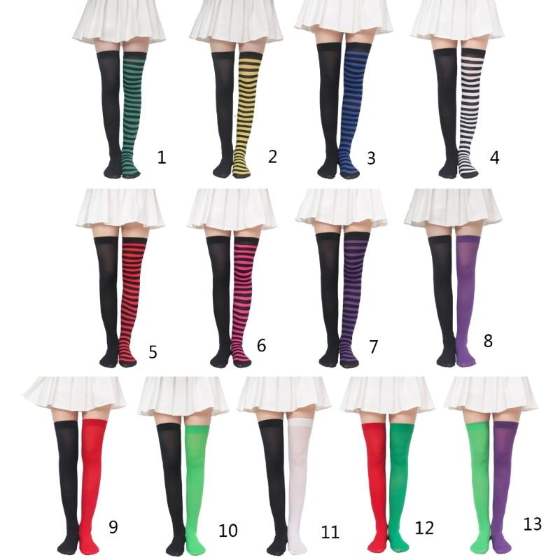 Women Girls Halloween Christmas Over Knee Long Socks Holiday Party Asymmetrical Colorblock Striped Thigh High Stockings
