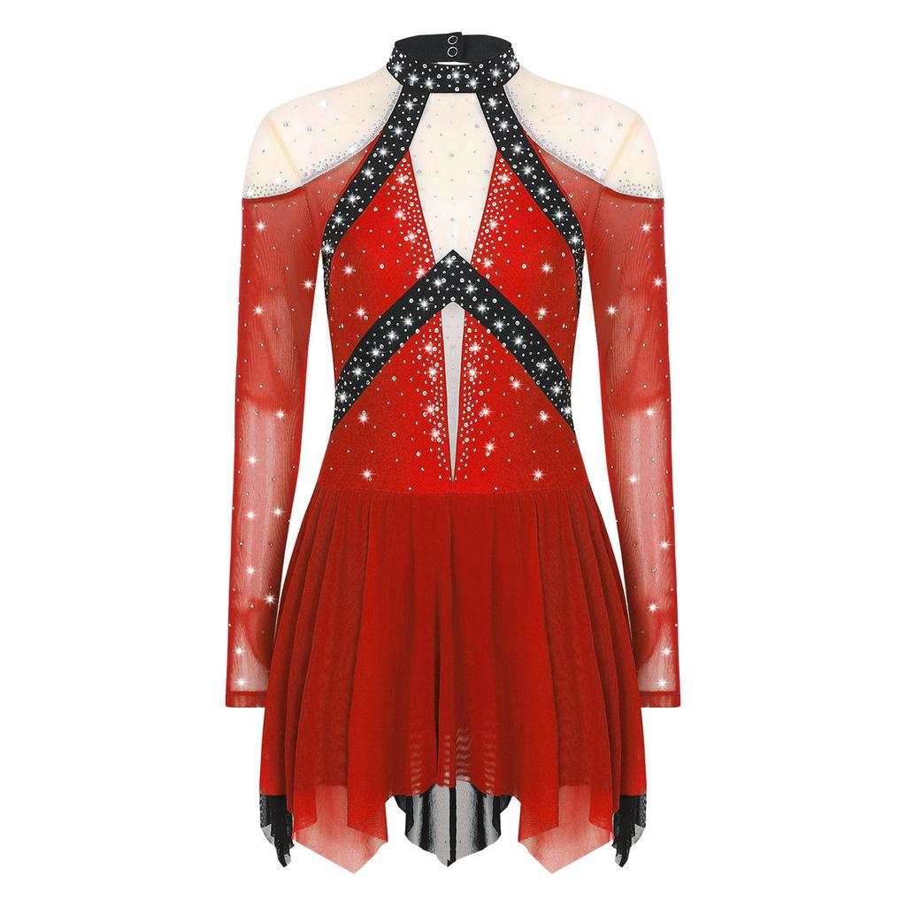 Женское платье для лирического танца, дизайн колор-блок, полупрозрачная сетчатая вставка, блестящие стразы, асимметричная танцевальная одежда