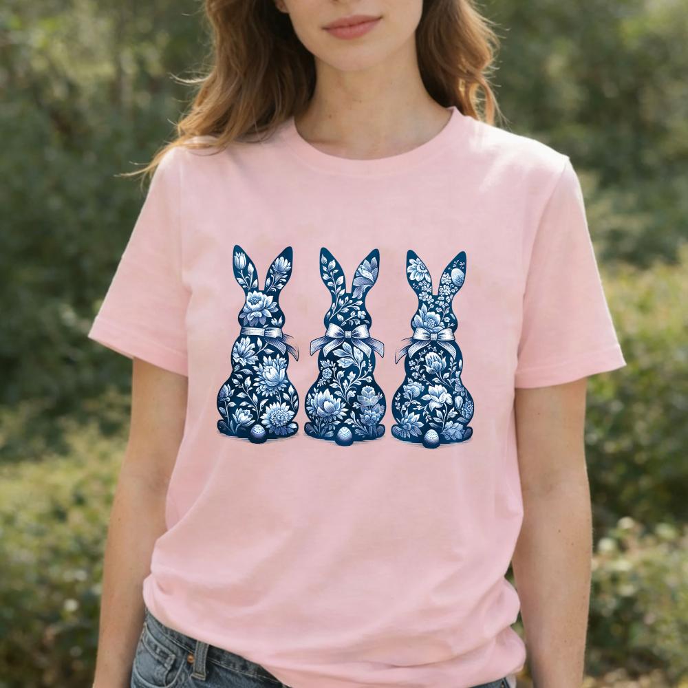 Porcelain Style Easter Bunny Tshirt Three Blue White Floral Rabbits With Bow Egg Graphic Breathable Fabric Festive Casual Tee