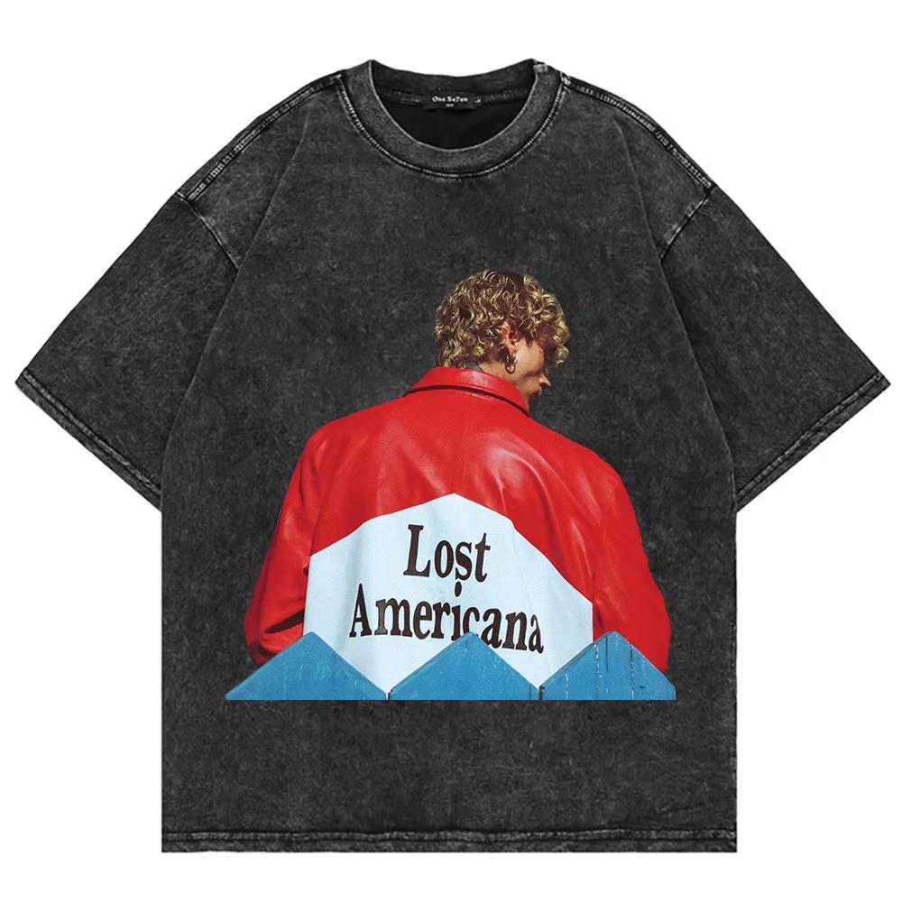 Vintage Washed Mgk Lost Americana T-Shirt Summer Fashion Men Streetwear Hip Hop Oversize Acid Wash Tees Shirts Tops
