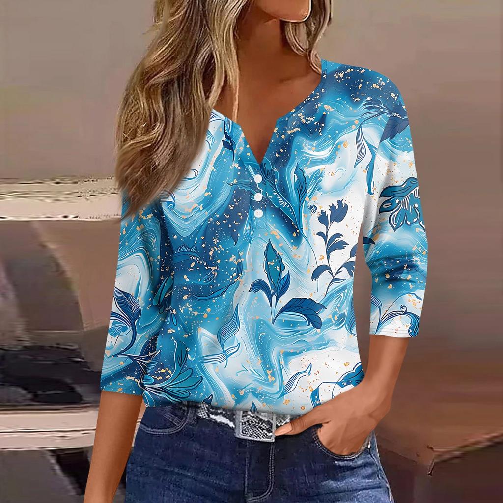 Жен. Футболка С принтом Пуговицы Рукав 3/4 Повседневные Выходные Мода Классический Классический V-образный вырез Обычный Верх