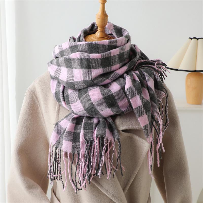 Korean Version Plaid Imitation Cashmere Scarf Fashion Simple Versatile Warm Scarf Women'S Fringed Shawl