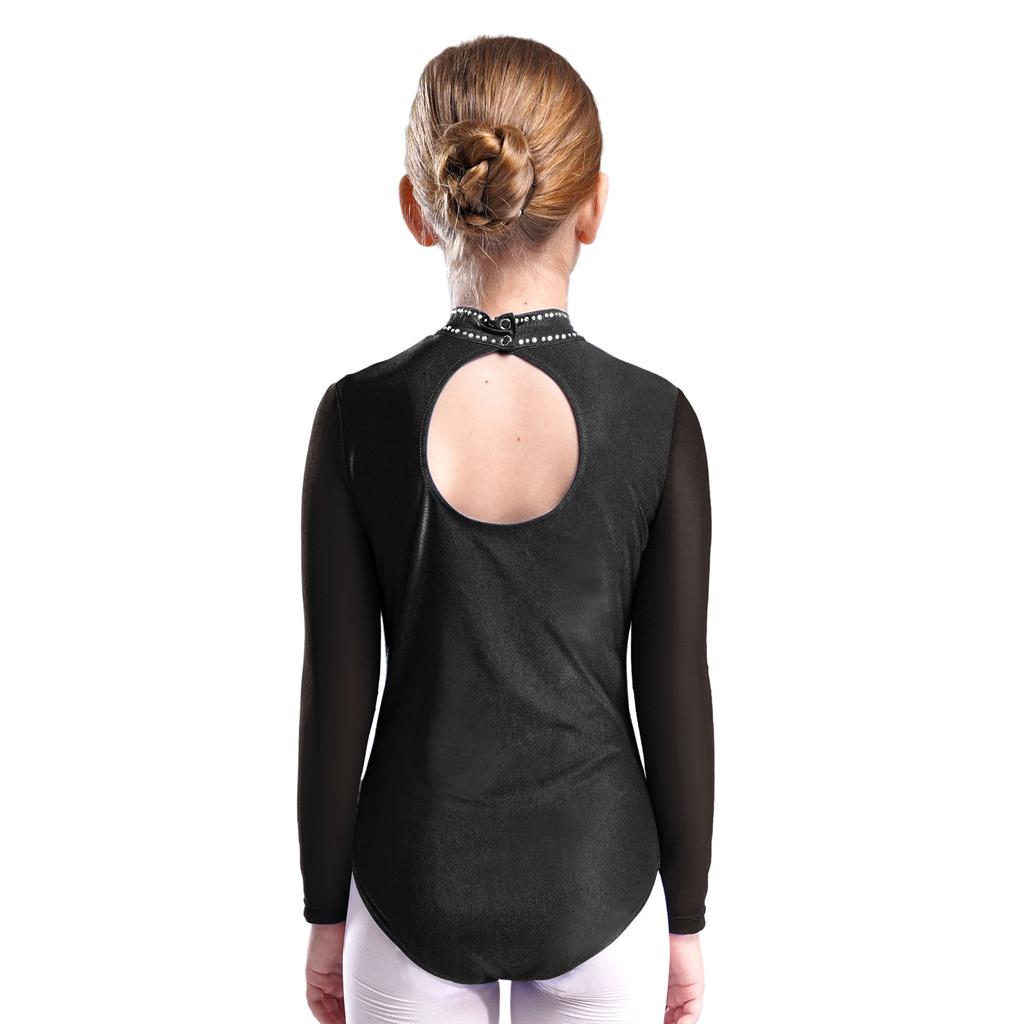 Girls Sheer Mesh Long Sleeve Leotard Cutout Back Sparkly Rhinestone Gymnastics Figure Skating Costume