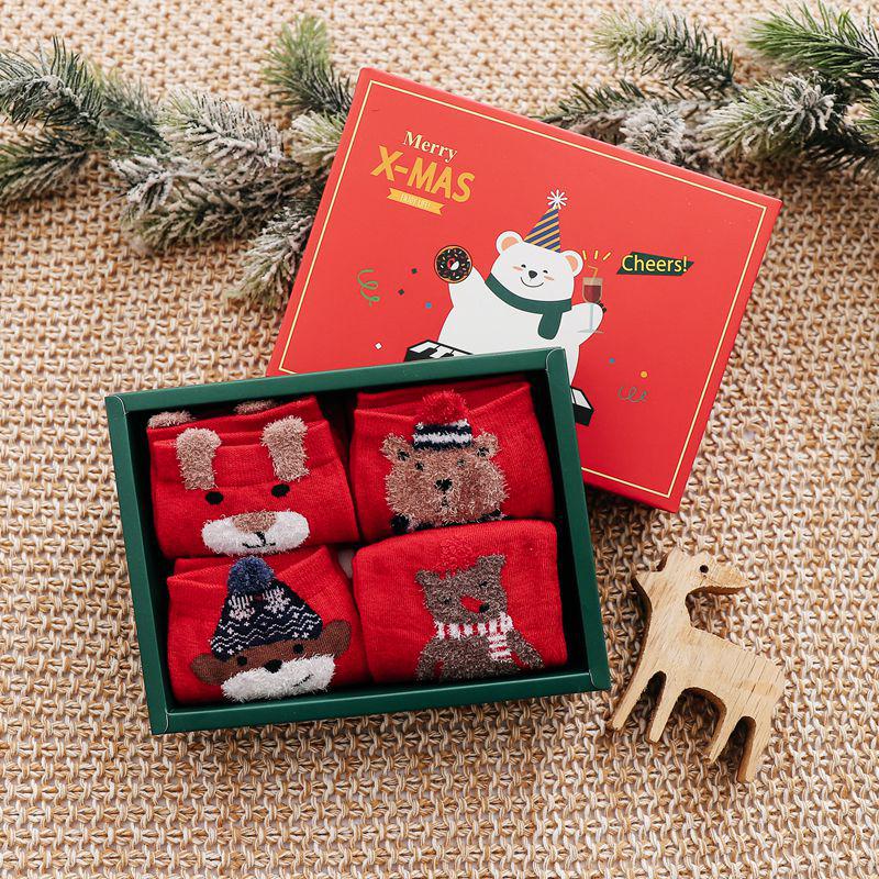 4-Pair Gift Box: Women's Cartoon Animal Mid-Calf Socks - Perfect for Autumn, Winter, Christmas, and New Year