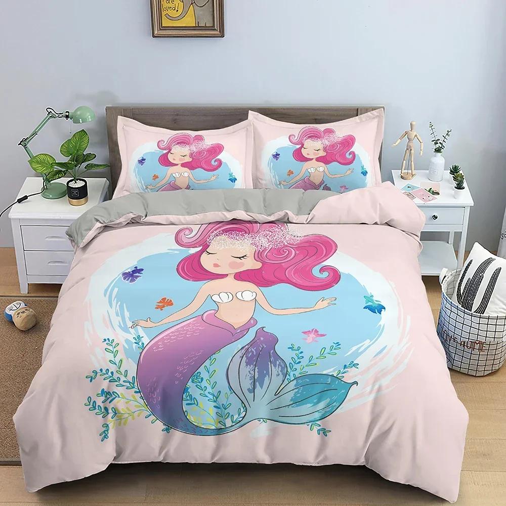 Cartoon Mermaid Pattern Comfortable Duvet Quilt Cover Pillowcase Bedding Set Children Bedroom Decoration Home Textile