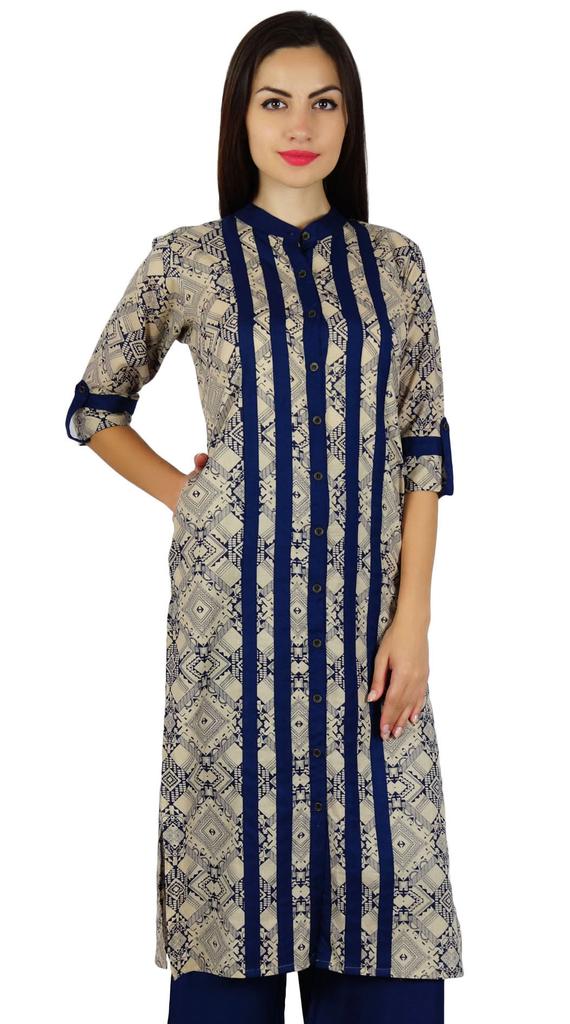Bimba Women Blue Mandarin Collar Cotton Kurta Straight Kurti With Pockets Casual Summer Tunic
