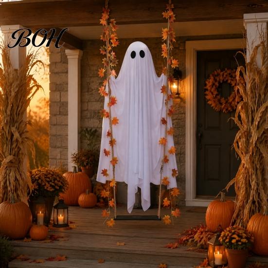 Waterproof Patio Tree Hanging Props Swinging Ghost Halloween Decoration for Outdoor Garden Yard, Weighted Fabric Flying on A Swing with LED