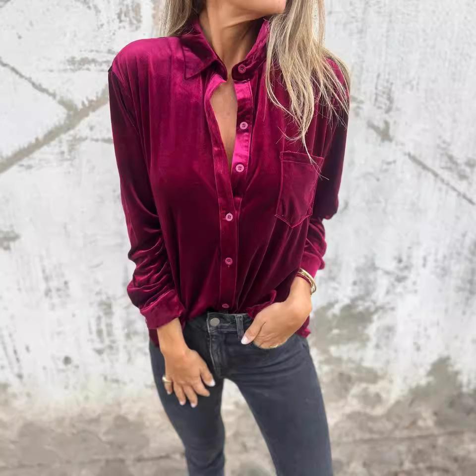 Женская рубашка из золотистого бархата на весну и осень, блузка с длинным рукавом и одним рядом пуговиц, свободная рубашка