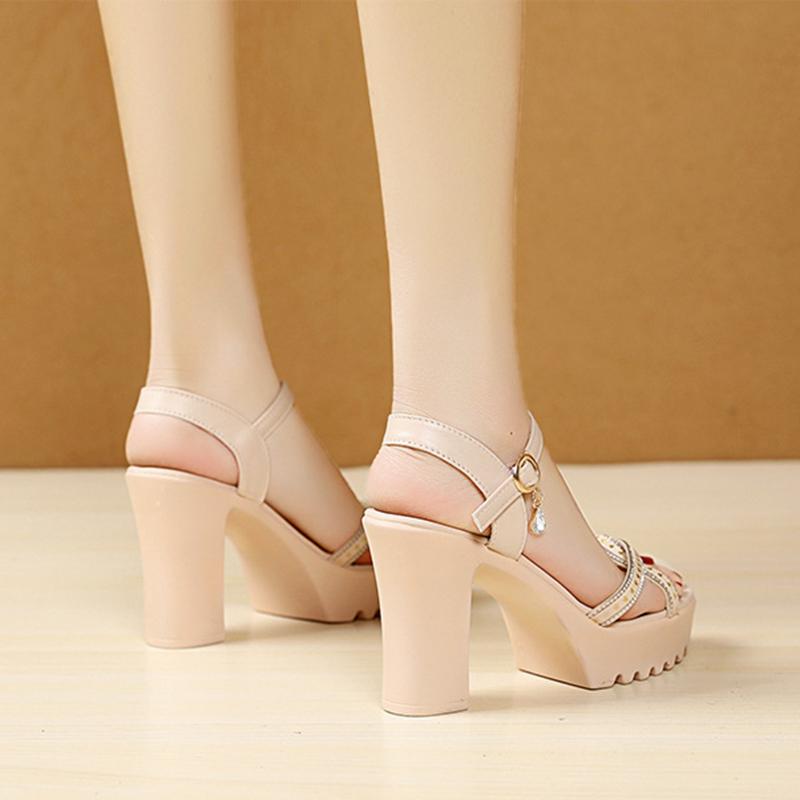 Сандалии на высоком каблуке, толстый каблук, водонепроницаемая платформа, универсальная, тонкий ремешок, летняя мягкая кожа, удобная и увеличивающая рост обувь