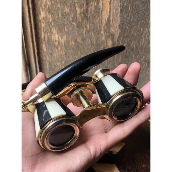 Antique Brass Black Opera Glasses Mother of Pearl & Handlen Vintage Binocular