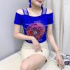 Уличная одежда для девушек, летние футболки, новые шикарные роскошные топы с горячими бриллиантами, классическая женская сексуальная блузка с открытыми плечами, приталенная, с цветочным принтом