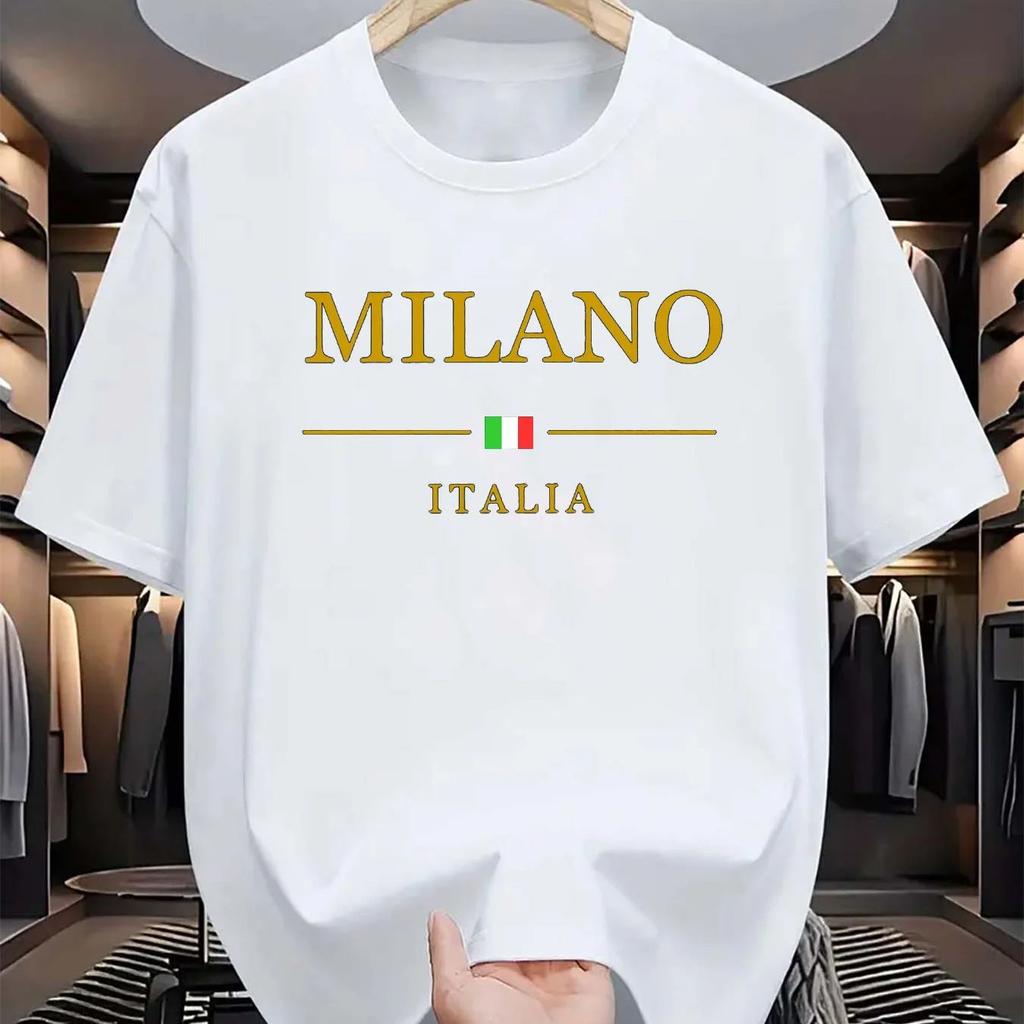 Men's Summer 100 Cotton Fashionable Casual Loose Plus Size MILANO ITALIA Pattern Printed Sports Round Neck Short Sleeved T-shirt