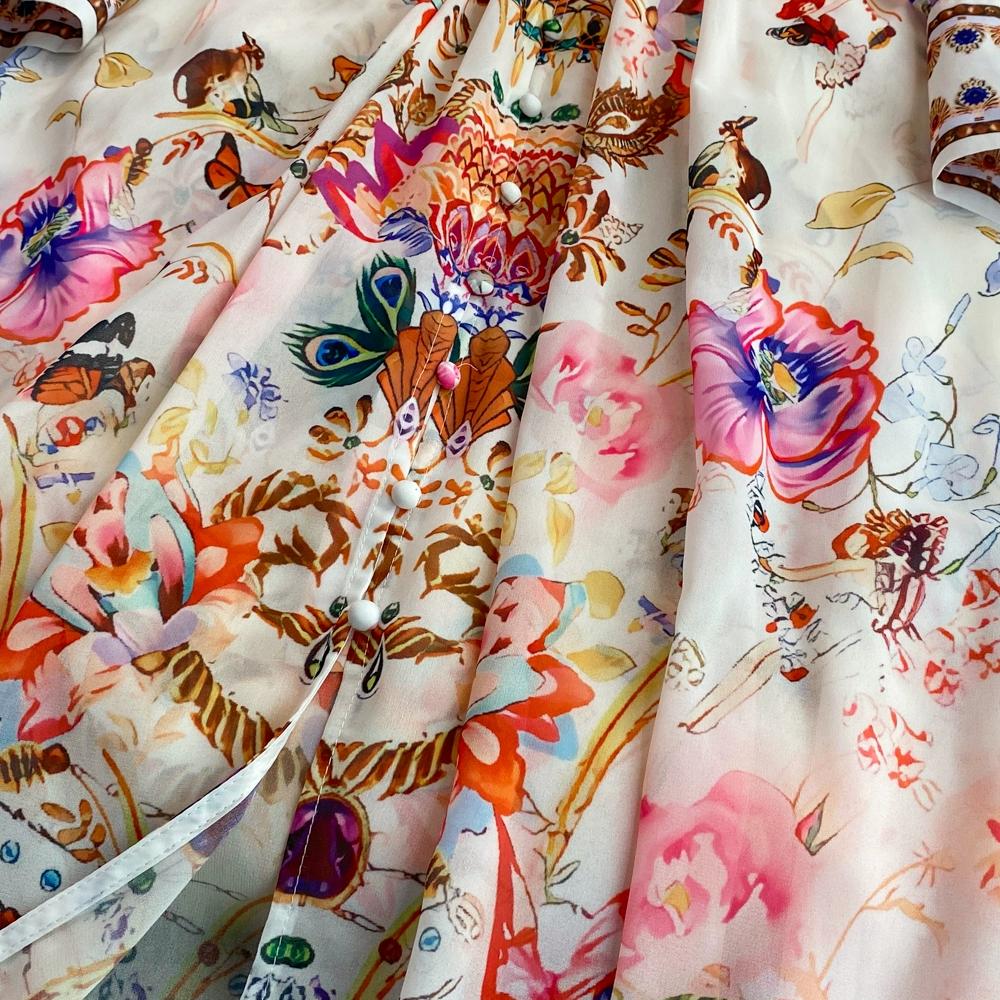 Однобортное свободное платье трапециевидной формы с длинными рукавами и V-образным вырезом на талии и принтом Temperament