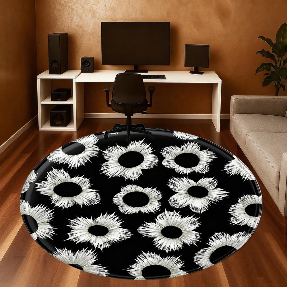 1 шт. Черно-белый цветочный узор Круглый коврик для стула Офисная ковровая дорожка - Нескользящий, Напольный коврик для офиса, спальни, Идеальный подарок для декора дома p0105048