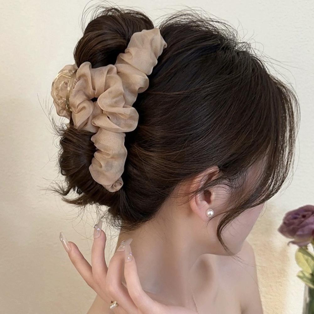 Solid Color Chiffon Hair Claw Sweet Large Hair Grab Clip Luxury Women Shark Clip Hair Accessory
