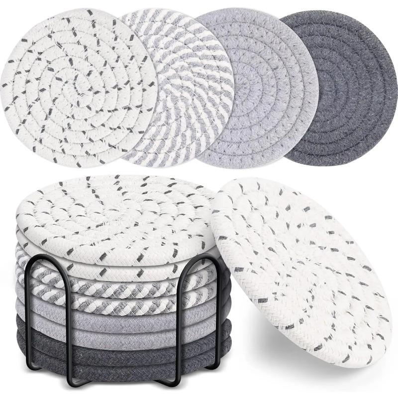 8-Piece Set Absorbent Coasters for Drinks Minimalist Cotton Woven Coasters Coffee Table Decor Boho Cute Cup Coasters
