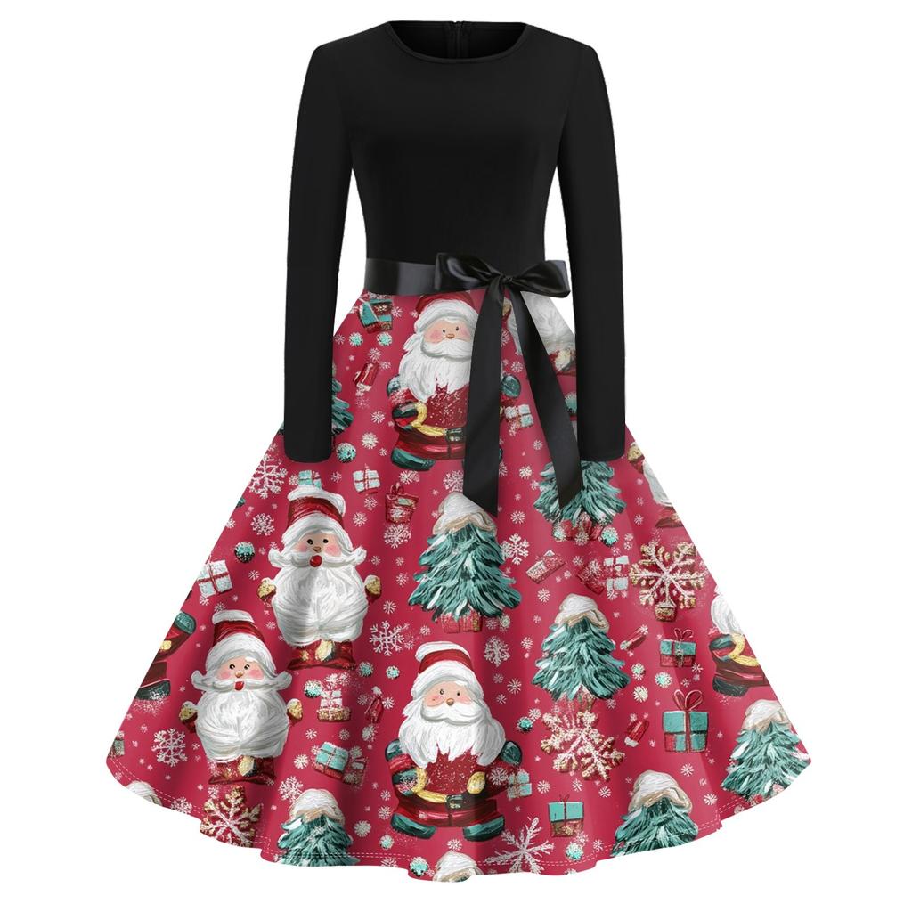 Женское винтажное классическое платье с длинным рукавом и рождественским принтом, свободное платье с круглым вырезом