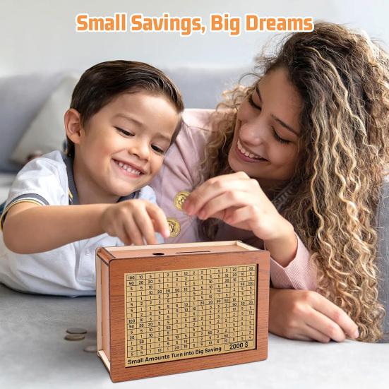 Wooden Money Saving Box Piggy Bank with Customizable Savings Goals Sticker Money Saver for Kids Adults