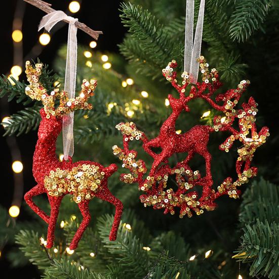 Glitter Sequined Christmas Ornament Red Snowflake/Butterfly/Star/Reindeer/Ballerina Hanging Decoration for Xmas Tree Doors Windows Walls Holiday Home