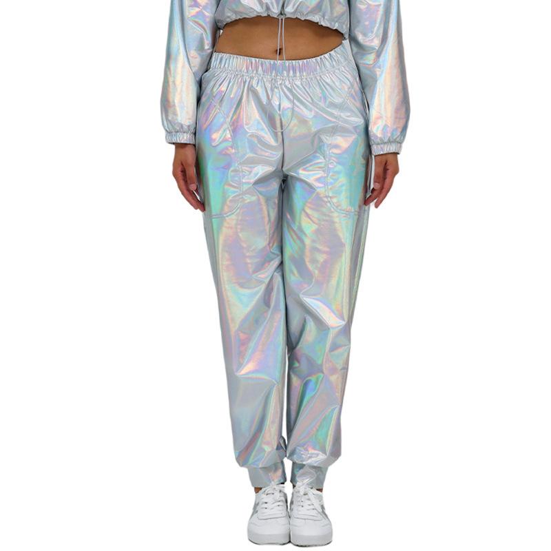 Женские блестящие металлические брюки-джоггеры, повседневные шаровары с высокой талией, голографические брюки в стиле хип-хоп, уличная одежда