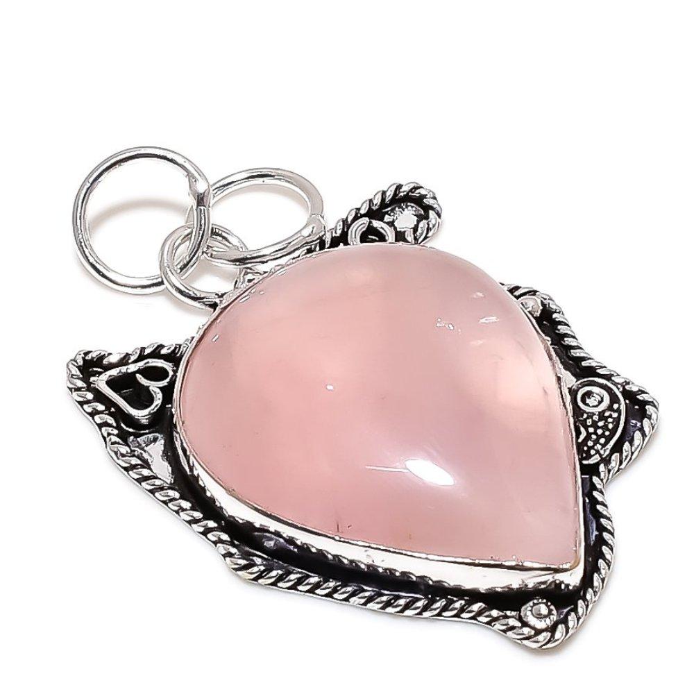 Rose Quartz Gemstone Handmade 925 Sterling Silver Jewelry Pendant 2.17" c5R80