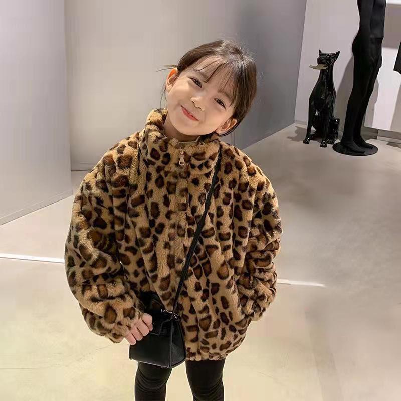 Fashion Girls Plush Coat Leopard Pattern Top Children Coats
