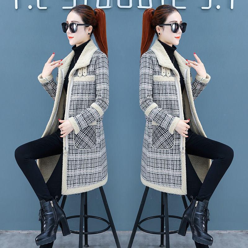 Autumn and Winter Lamb Wool Coat Women's Mid-length All-match Thick Plaid Korean Fashion Lamb Wool Coat