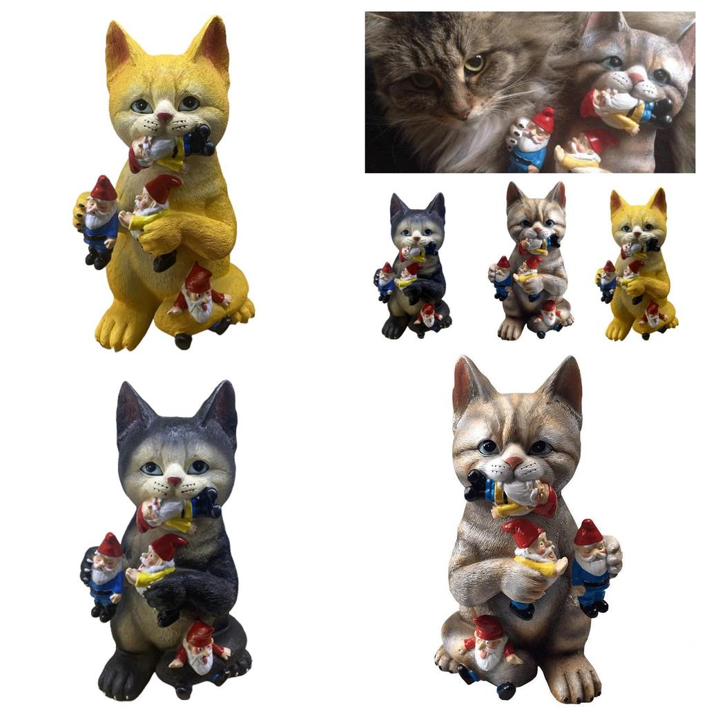 Enchanting Resin Garden Statue Of Cat Eating Dwarf Nordic Hand Painted