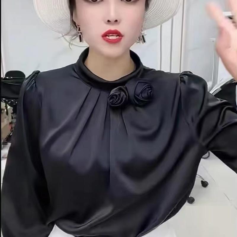 Элегантная офисная женская атласная блузка с цветочным декором, шифоновая рубашка, женские топы, осенняя одежда с воротником-стойкой и длинными рукавами 23174