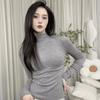 Осень Зима Половинный высокий воротник Однотонная Приталенная Футболка с длинным рукавом Женская Повседневная Универсальная Пуловер Футболка Топ