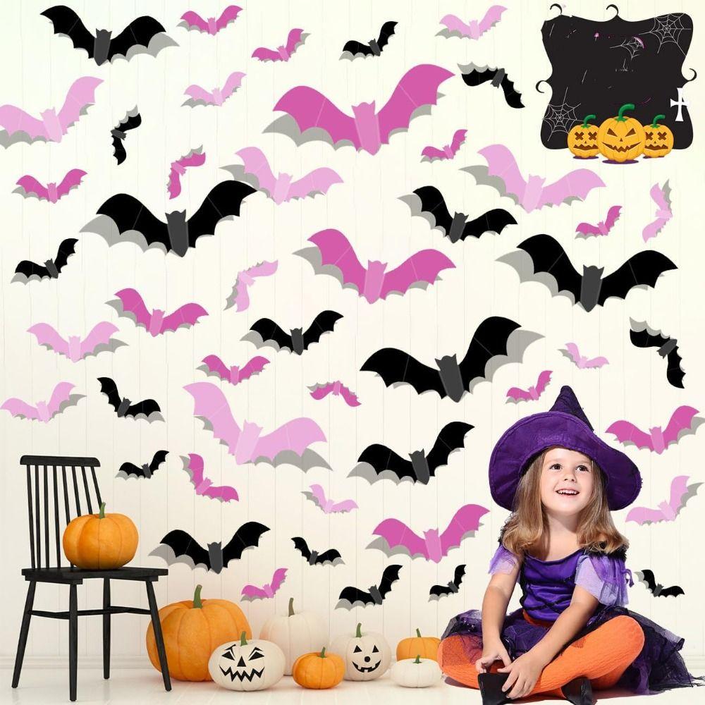 32PCS 3D Pink Bats Halloween Decoration PVC Wall Decal Halloween Party Decorations