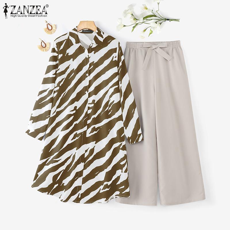 ZANZEA Женский повседневный комплект из двух предметов: длинная блузка и брюки с принтом зебры