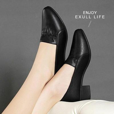 Туфли из мягкой кожи с открытым носком, женские нескользящие рабочие туфли на толстом каблуке и мягкой подошве на среднем каблуке, женская кожаная обувь