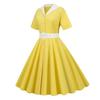 Женское платье с V-образным вырезом и лацканами, однобортное с поясом, трапециевидное, с большими качелями, обтягивающее, с высокой талией, однотонное, в стиле ретро, ​​с короткими рукавами, женское платье-миди в стиле принцессы