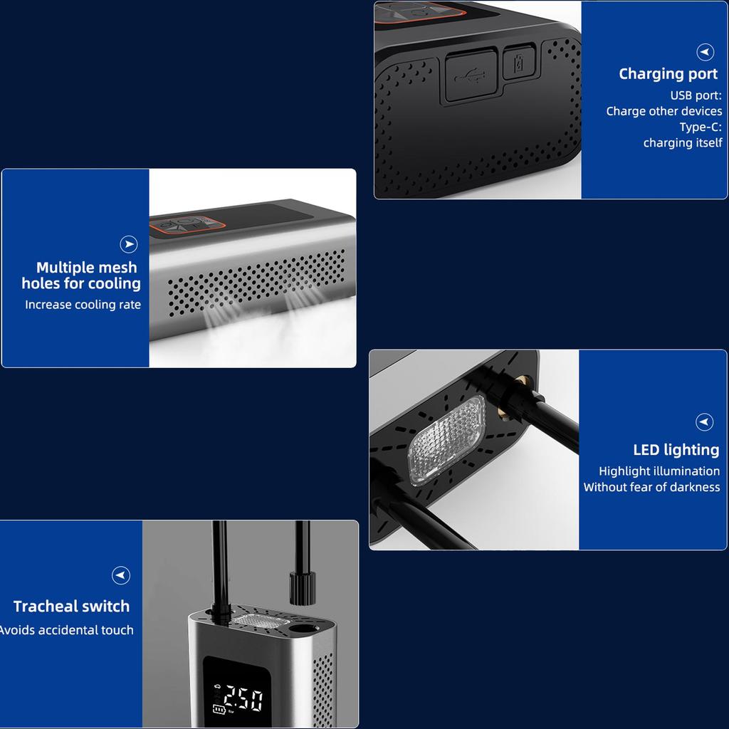 Portable Air Compressor With 4000mAh Battery LED Light Auto Off & Digital Pressure Gauge Electric Bicycle Pump