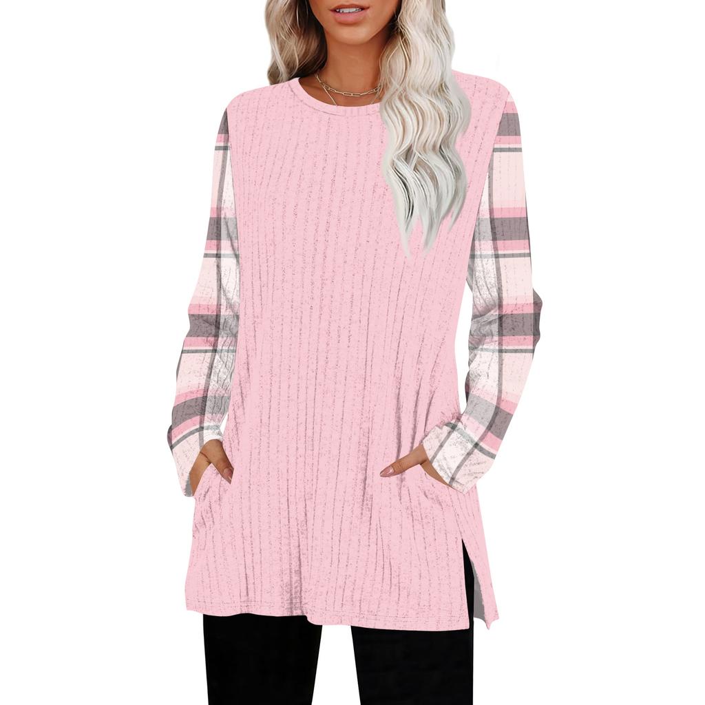 Women's Striped Printed Round-neck Long-sleeved Top With Pockets And Side Slits