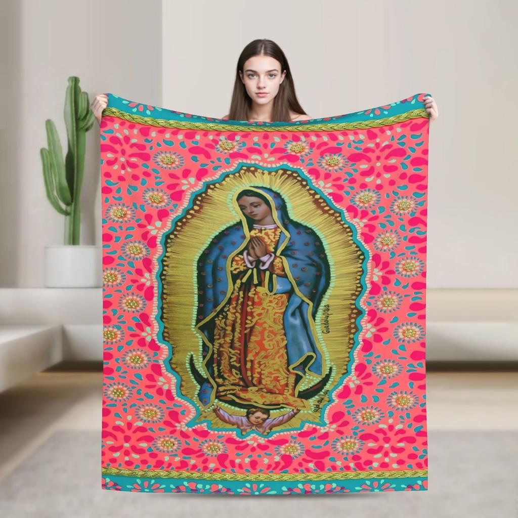 Virgin Mary Cherubs Rose Flannel Blanket Super Warm Bedding Throws for Couch Chair Travel Aesthetic Bedspread Sofa Bed Cover