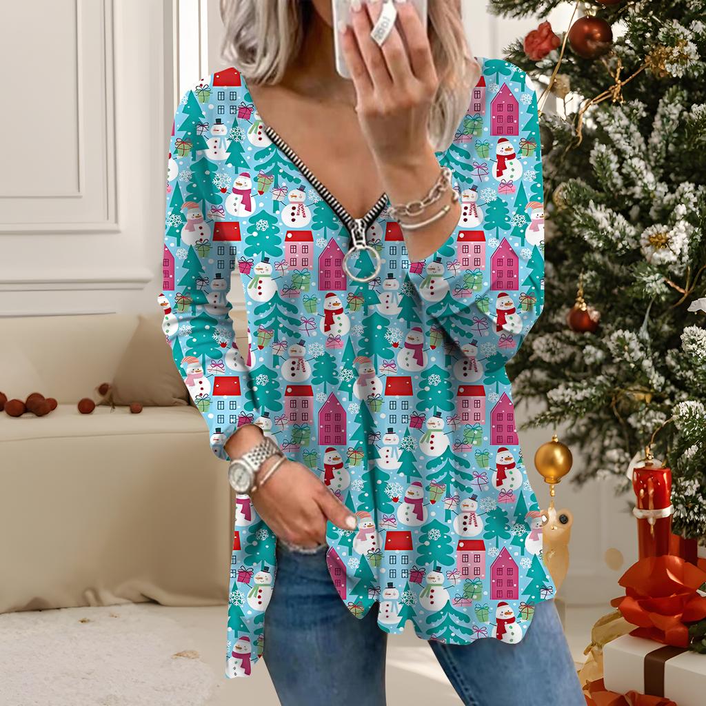 Женские осенние рождественские футболки с длинным рукавом с принтом, свободные, с V-образным вырезом, больших размеров, топы, удобная блузка