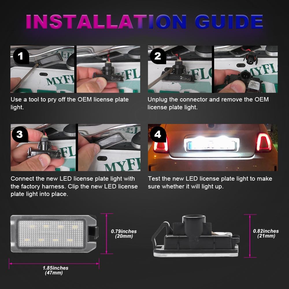 2Pcs LED License Plate Light Lamp Assembly For Jeep Grand Cherokee 2014 2015 2016 2017 2018 Fiat 500 2013- Super Bright 6000K Xenon White Rear Tag