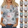 Женская мода Повседневная новая пуговица с круглым вырезом и рукавами 3/4 Свободная футболка с принтом Женский топ