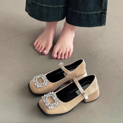 Туфли Мэри Джейн на грубом каблуке, украшенные стразами, популярные весенне-летние новые модные черные женские туфли на высоком каблуке