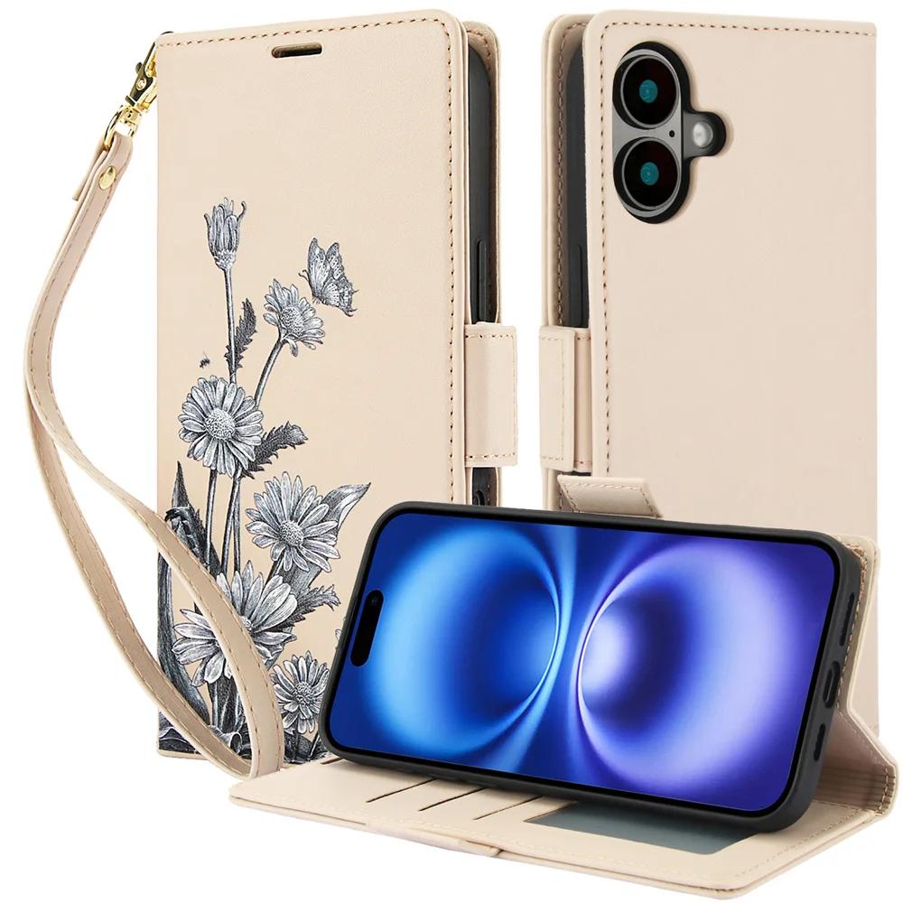 Чехол-книжка с держателем для карт для iPhone 16E 16 15 14 Plus 13 12 11 Pro Max XS XR X 7 8 Ремешок на запястье Кожаная обложка