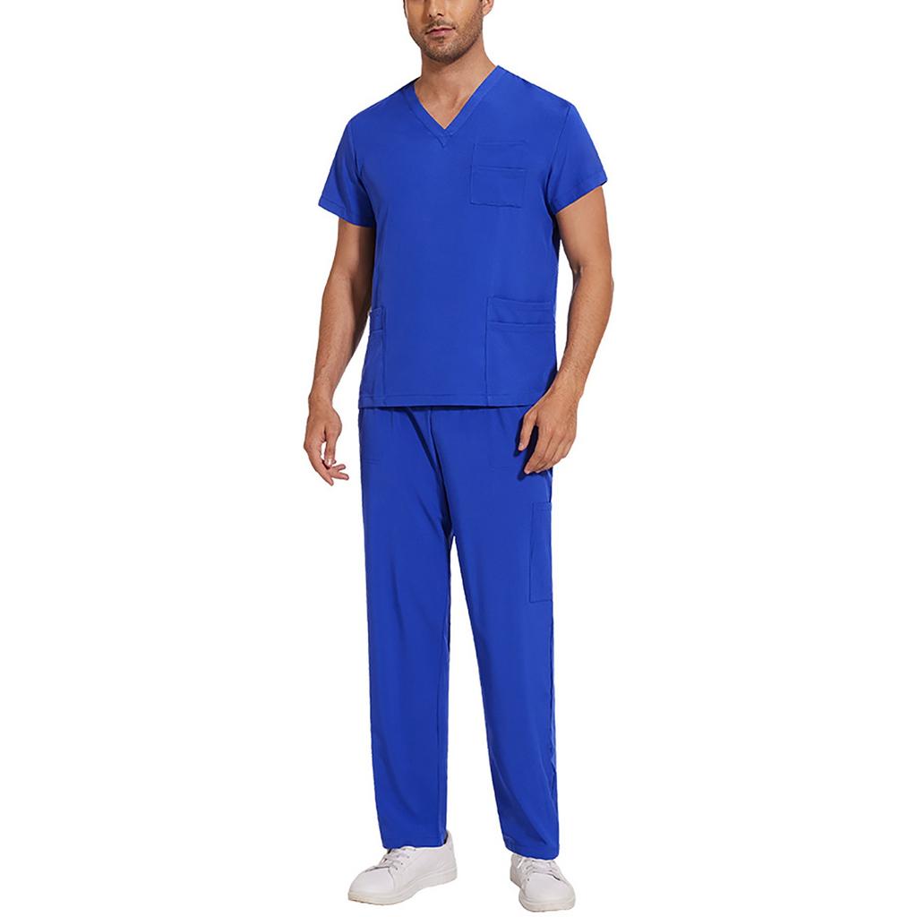 Soild Scrub Working Uniform Suit For Men's Cross V-Neck Short Sleeve Fun T-Shirts Workwear Tee With Pockets