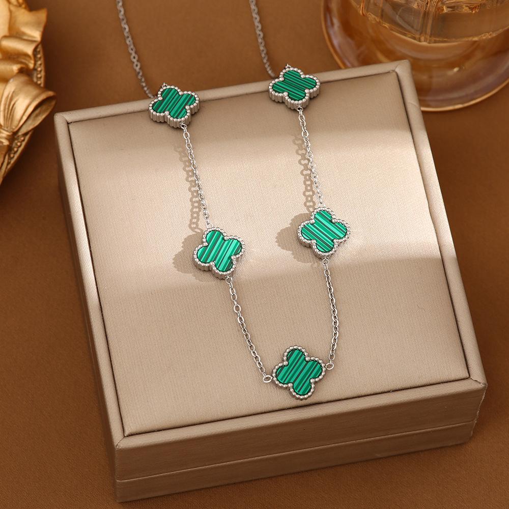 Ожерелье из титановой стали с четырехлистным клевером и перламутром, двухстороннее, гальваническое покрытие из настоящего золота 18 карат, не выцветающая модная цепочка на ключицу для женщин